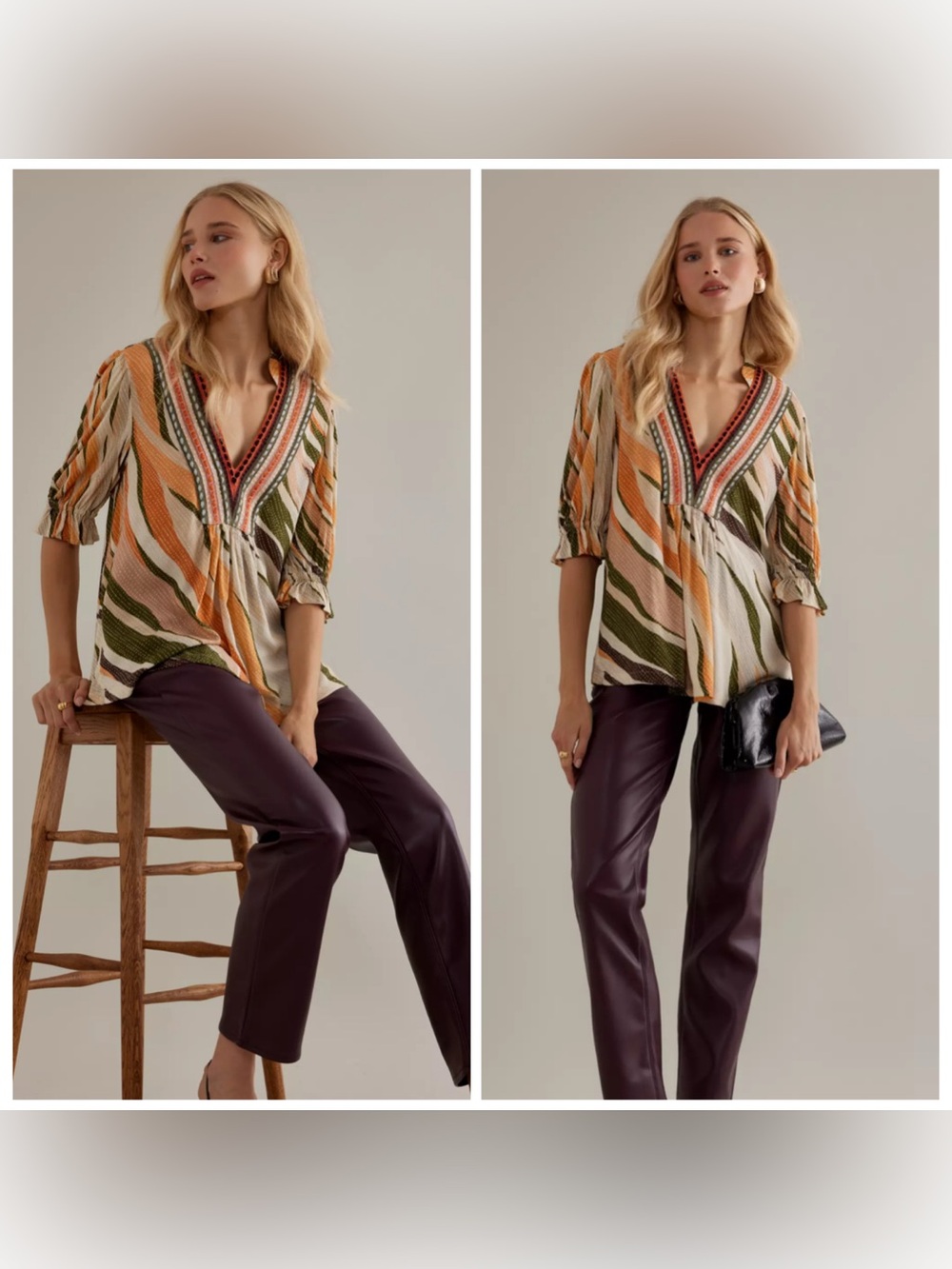 Anthropologie Bl_nk Blank Stephanie Boho V-Neck Peasant Top in Multi-Color L GUC